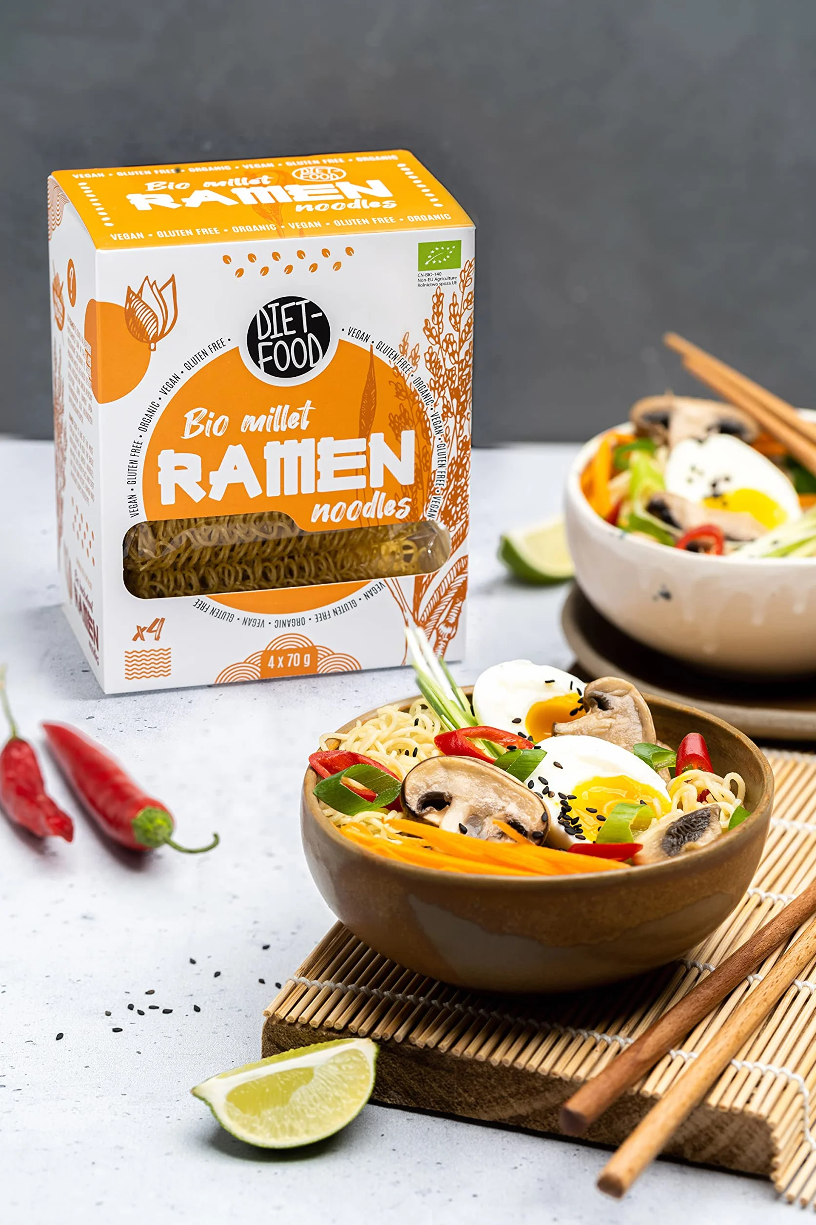 DIET-FOOD Bio Ramen makaron prosa, bez glutenu, wegetariański i wegański, do kontaktu z żywnością, bez tłuszczu, soi, bezglutenowy, rozpuszczalny w wodzie, makaron dietetyczny, niska zawartość kalorii, 280 g