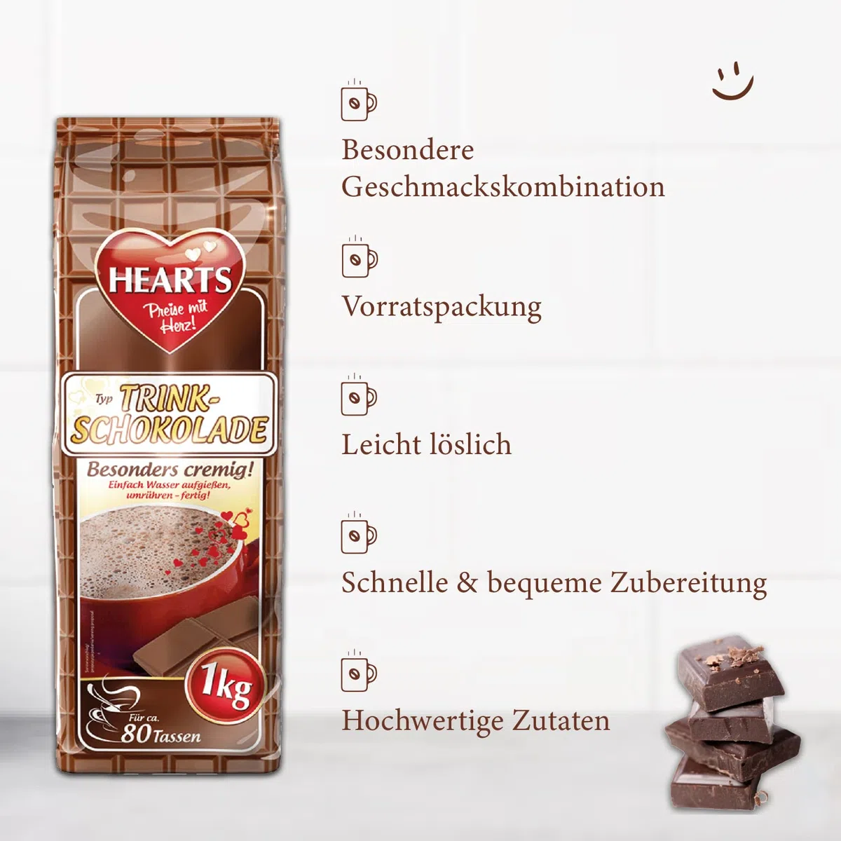 Hearts czekolada do picia, 5 x 1 kg lnstant Drinking Chocolate w proszku, łatwo rozpuszczalna, mleczna, kremowa, 5 sztuk, wystarcza na 400 filiżanek