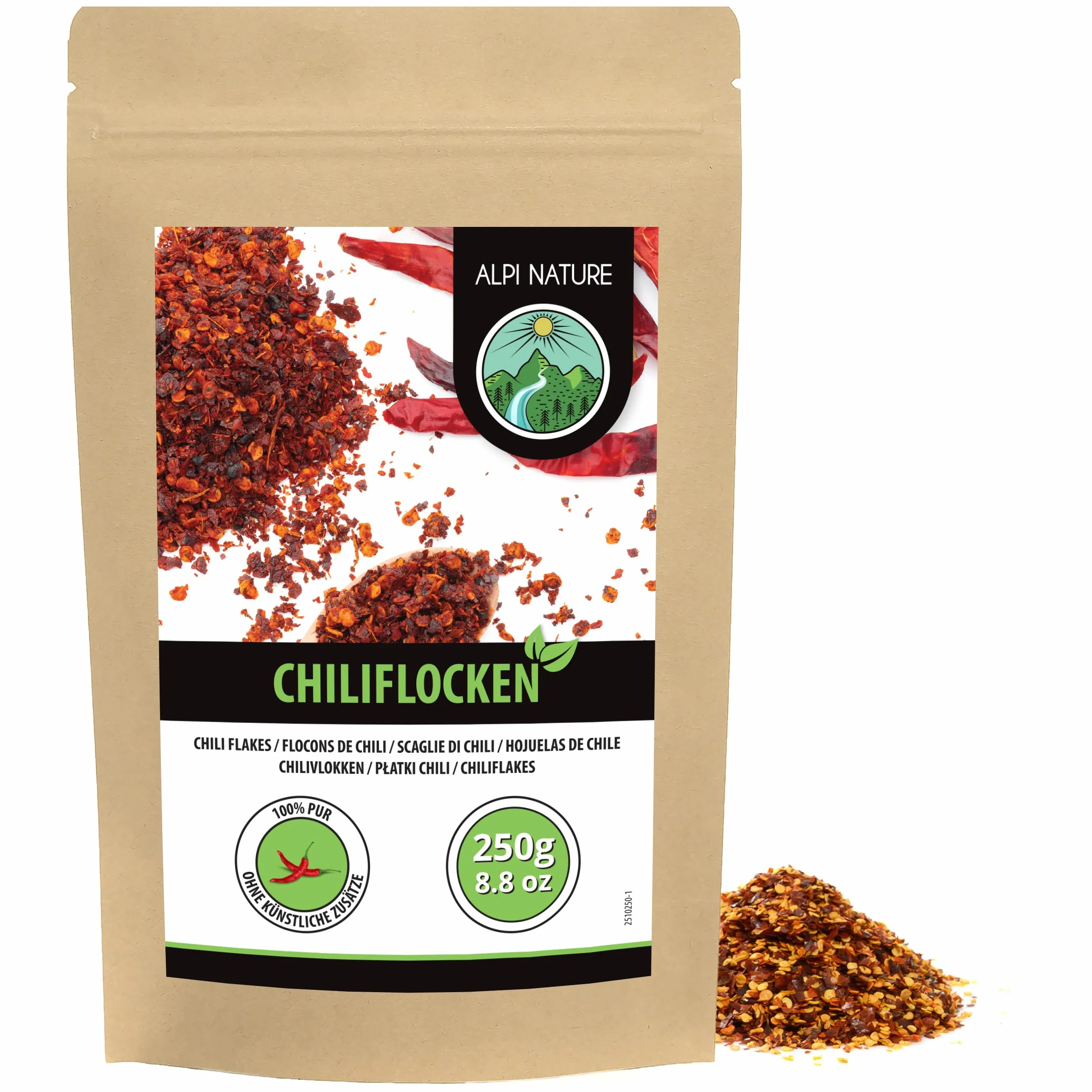 Alpi Nature Płatki Chili 250g, Suszone Papryczki Chili Capsicum Annuum, Ostre Płatki Chili do Gotowania