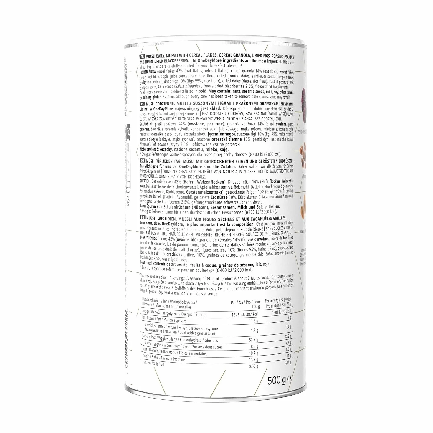 OneDayMore Musli Codzienne | 500 g | Bez dodatku cukru | Z liofilizowanymi owocami i orzeszkami ziemnymi | Wysoka zawartość błonnika | Idealne na zdrowe śniadanie