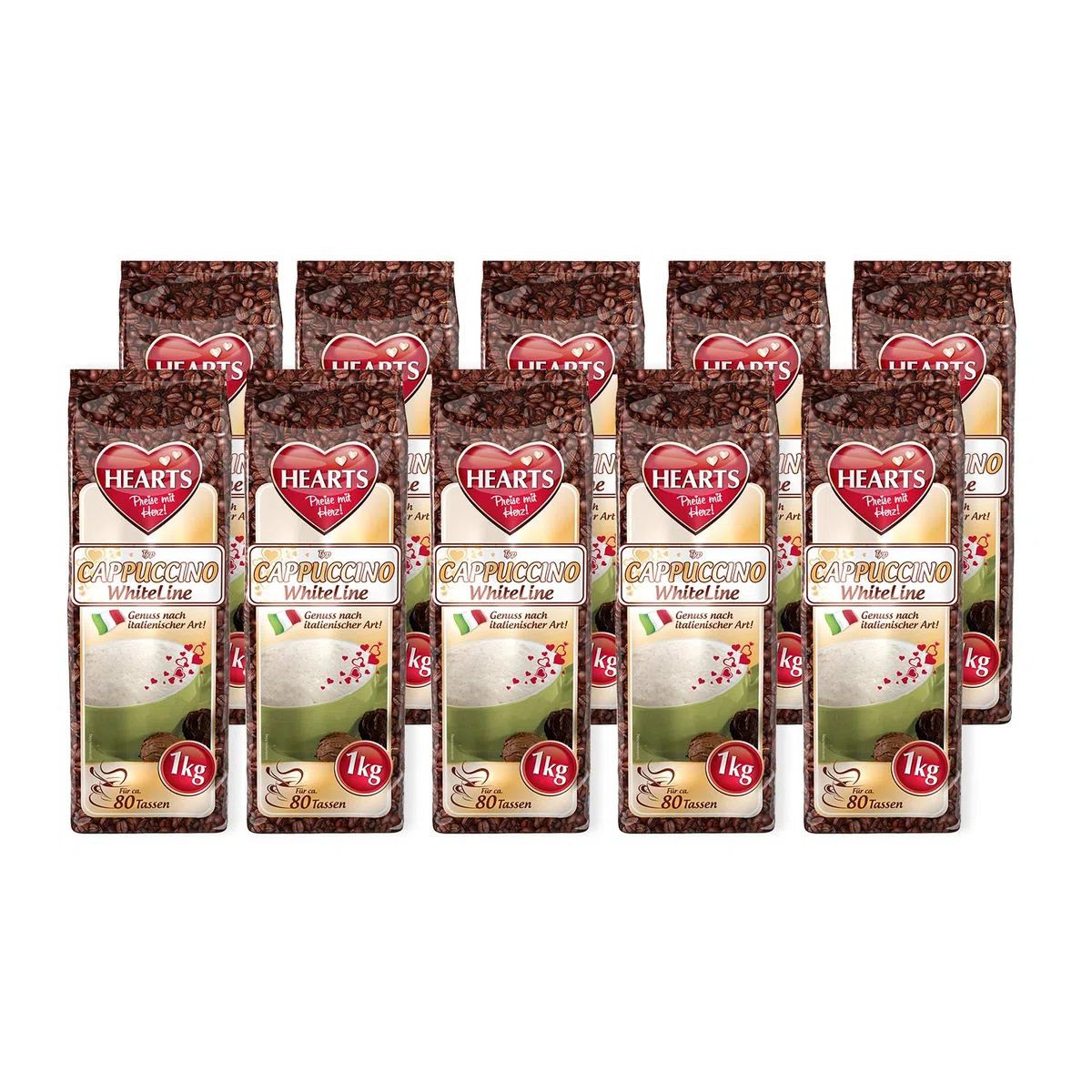 HEARTS Cappuccino White 10 x 1 kg – przyjemność w stylu włoskim, ok. 80 porcji na woreczek, praktyczne opakowanie rodzinne, intensywny aromat, mleczny i kremowy