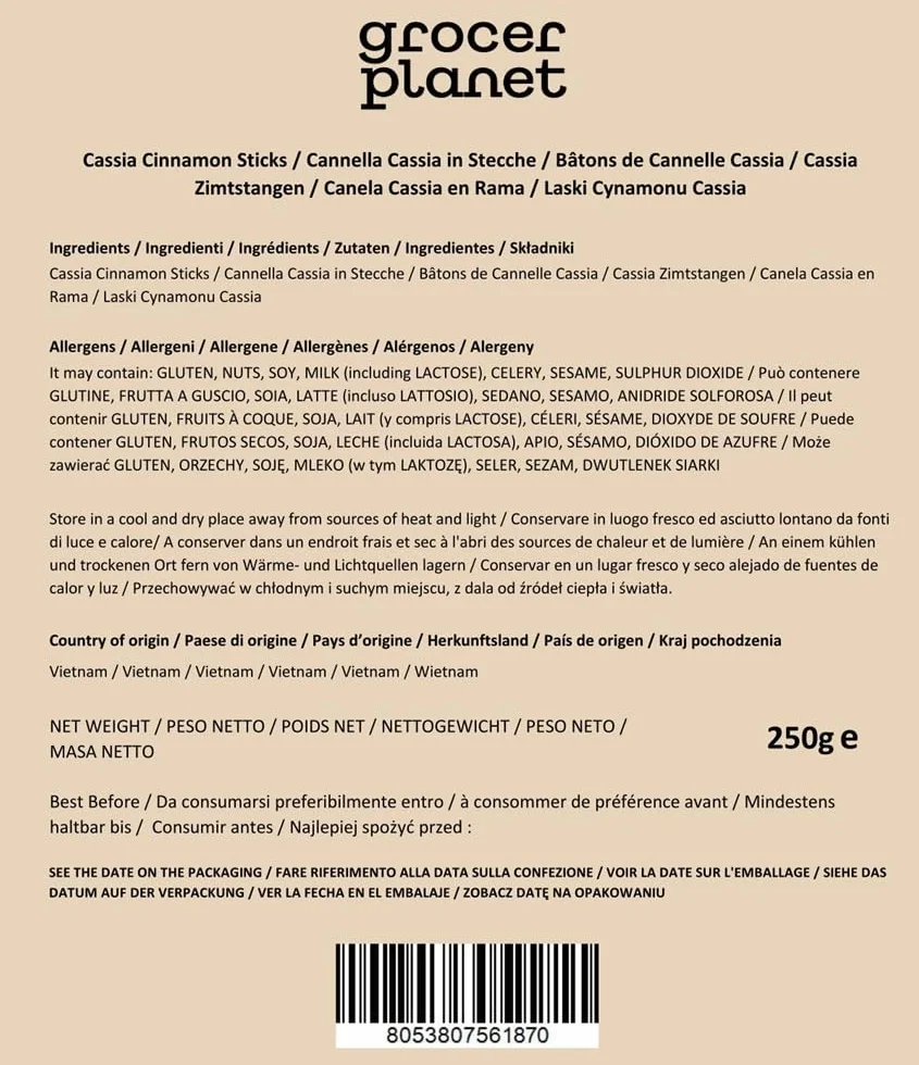 Grocer Planet - Laski Cynamonu (250g) | Laski Cynamonu Cassia 60 mm | Czysty i Naturalny | Około 75-77 na opakowanie