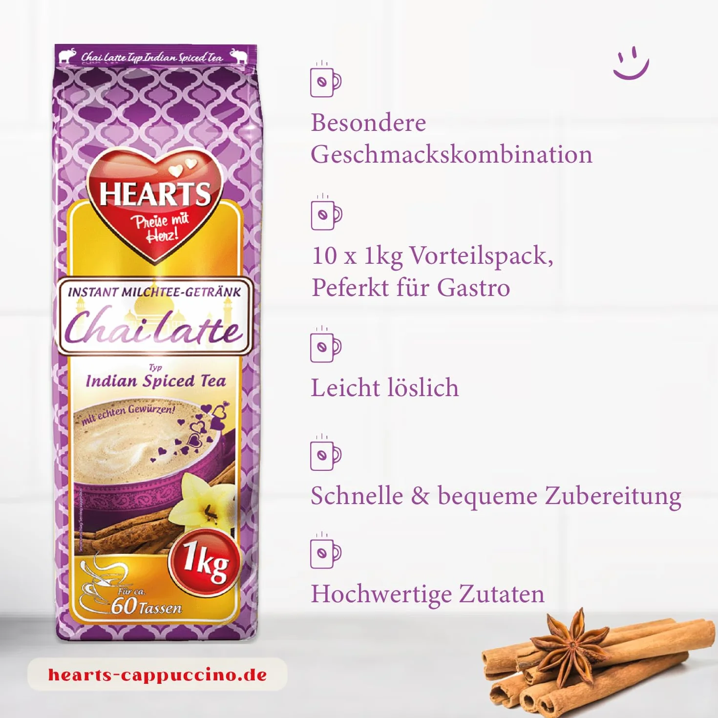 HEARTS Chai Latte herbata mleczna w proszku, 5 x 1 kg, łatwo rozpuszczalna z prawdziwymi przyprawami, spiced tea do gastronomii i domu, wystarczy dodać wodę, wystarcza na 250 filiżanek
